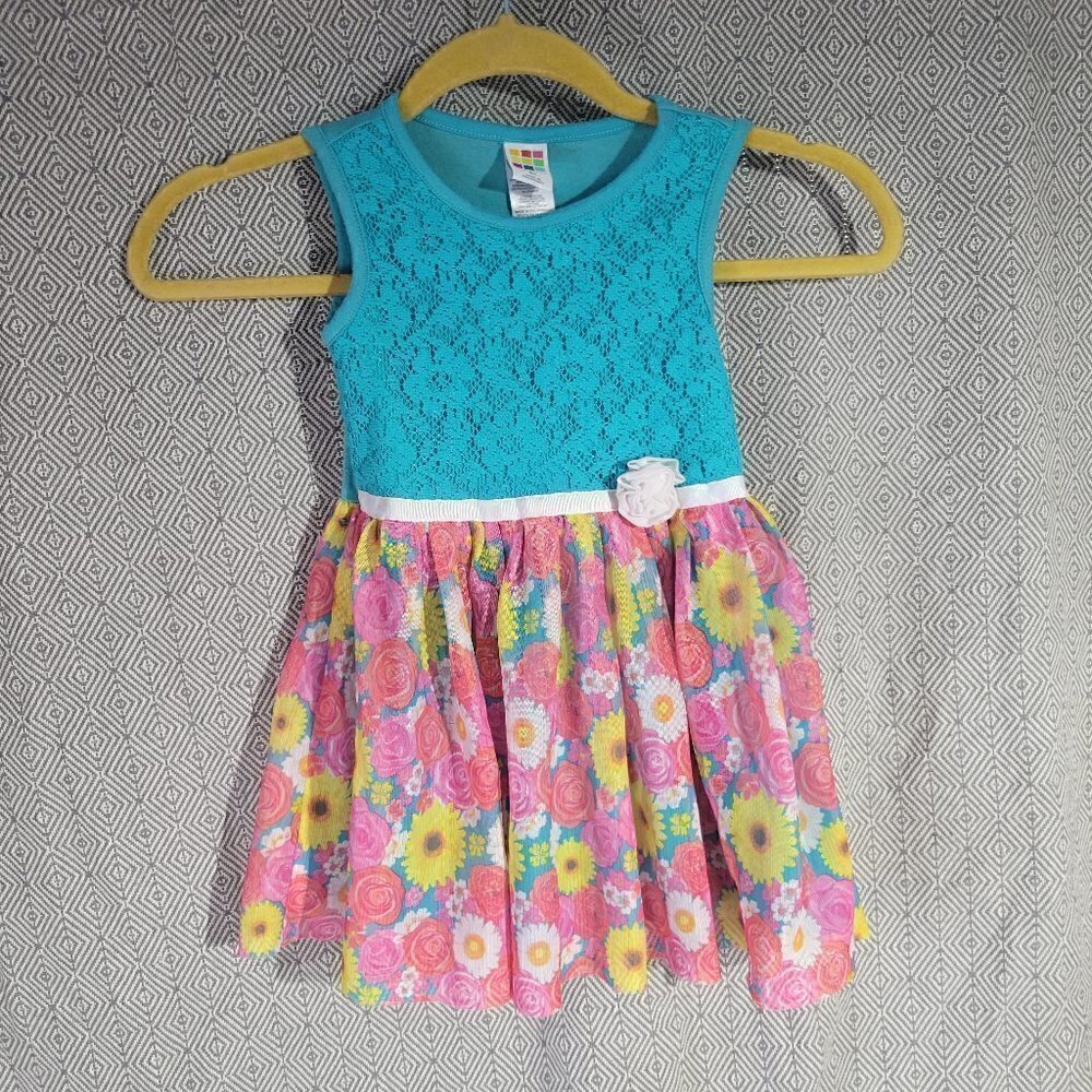Healthtex Girl's Blue Lace Top With Multicolored Floral Bottom Dress Size 3t
